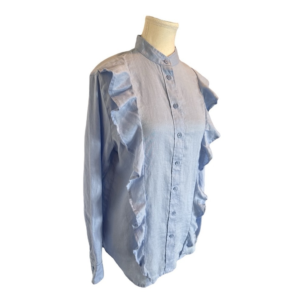 Lauren Ralph Lauren Linen Ruffle Button Down Blouse Light Blue Coastal M Preppy - Picture 5 of 13